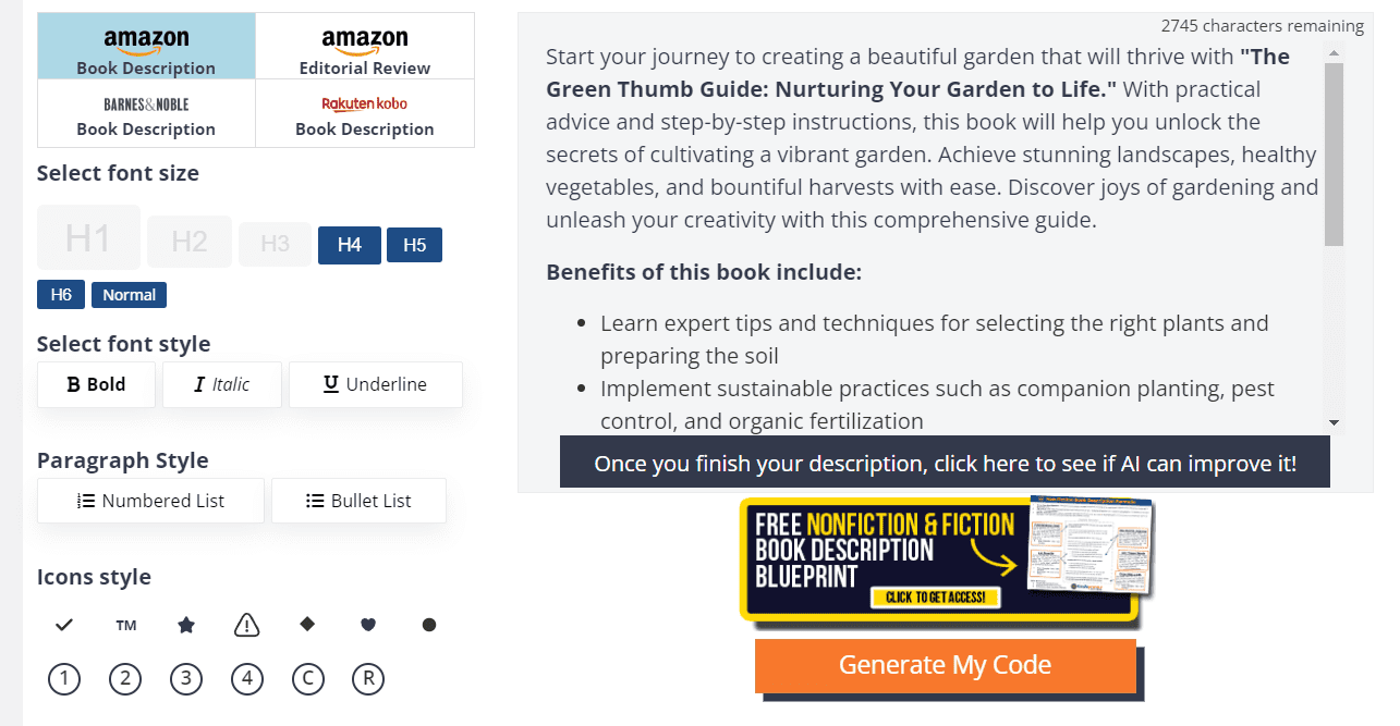 Kindlepreneur book description generator