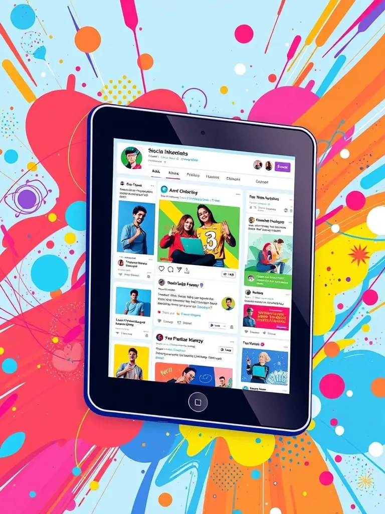 A vibrant social media feed filled with diverse content, illustrating how AI can generate eye-catching posts and manage social media presence effectively.