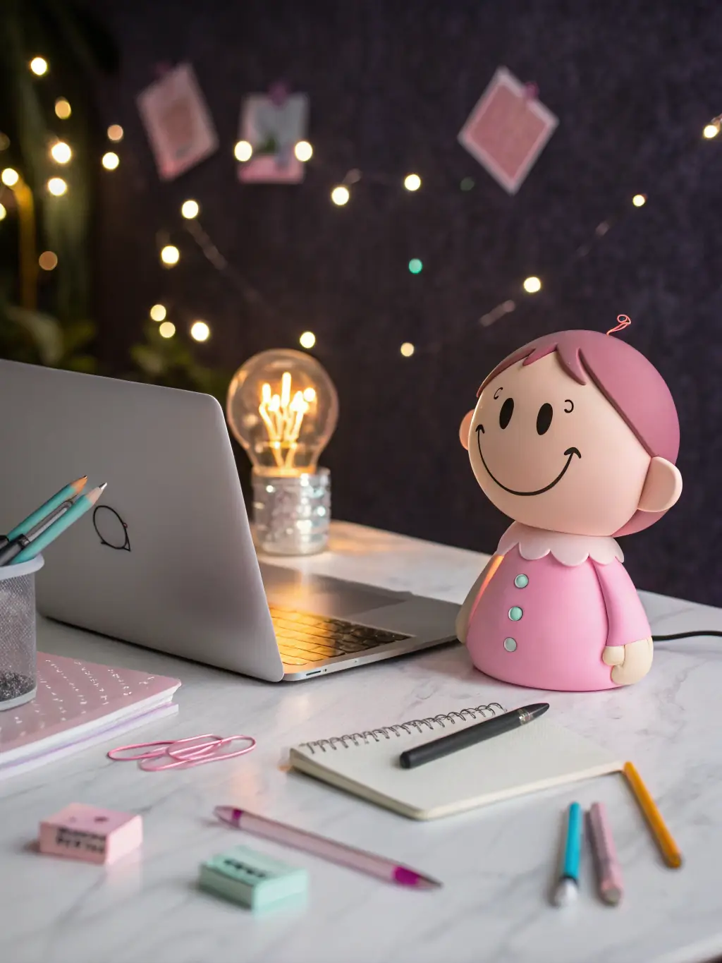 A visual representation of the AI Idea Generator sparking creative concepts, depicted as a burst of lightbulb icons and thought bubbles, against a backdrop of a writer's desk.