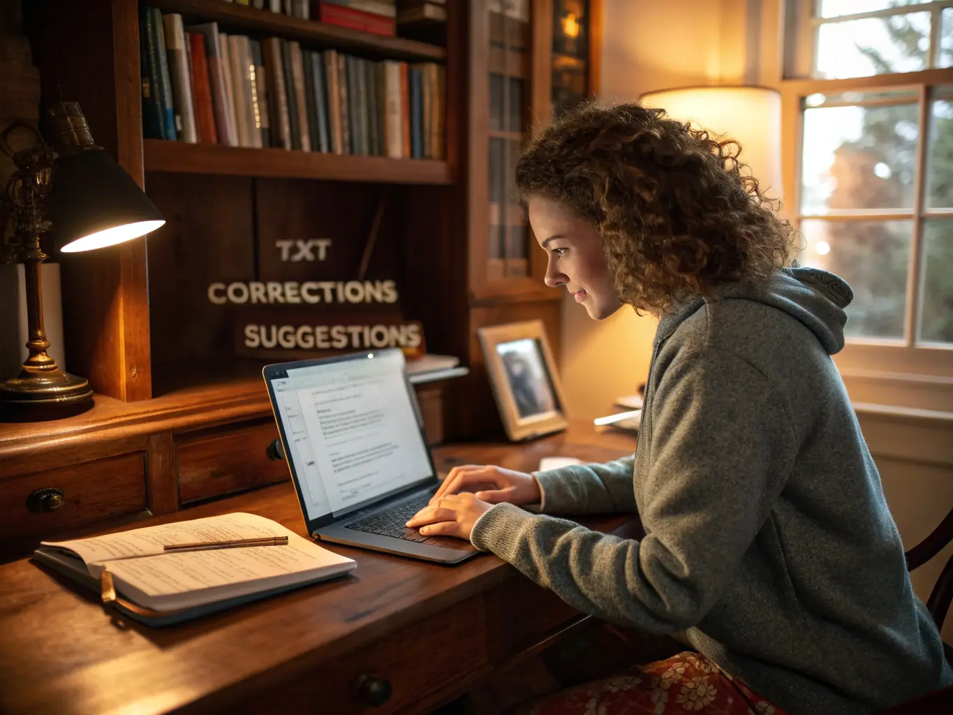 A focused author using AI-powered software on a laptop, brainstorming ideas for their next novel in a sunlit home office.