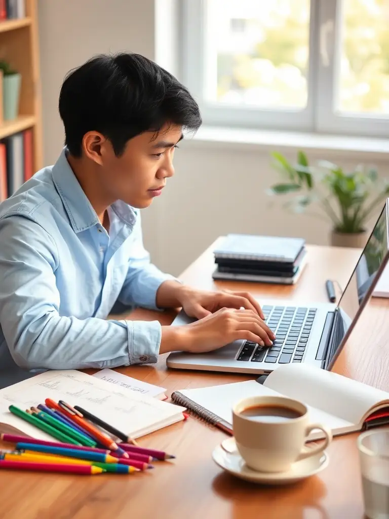 A focused writer using AI tools to craft a compelling blog post, showcasing the blend of human creativity and artificial intelligence in content creation.