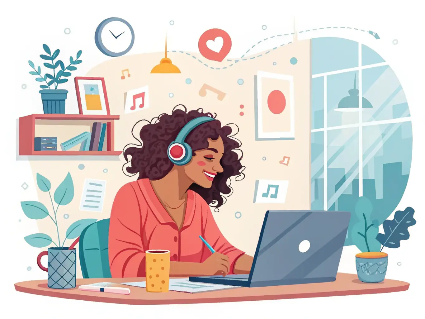 A content creator using AI-powered software to optimize content for SEO and audience engagement on a desktop computer in a co-working space.