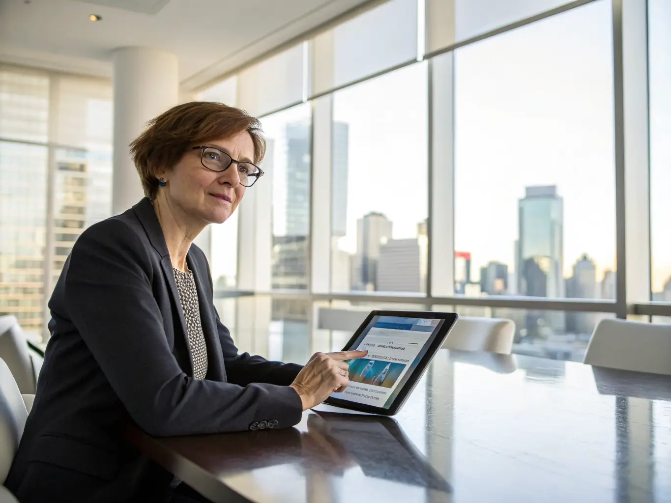 An author reviewing and refining a manuscript with the help of AI-powered editing software on a tablet in a modern office setting.