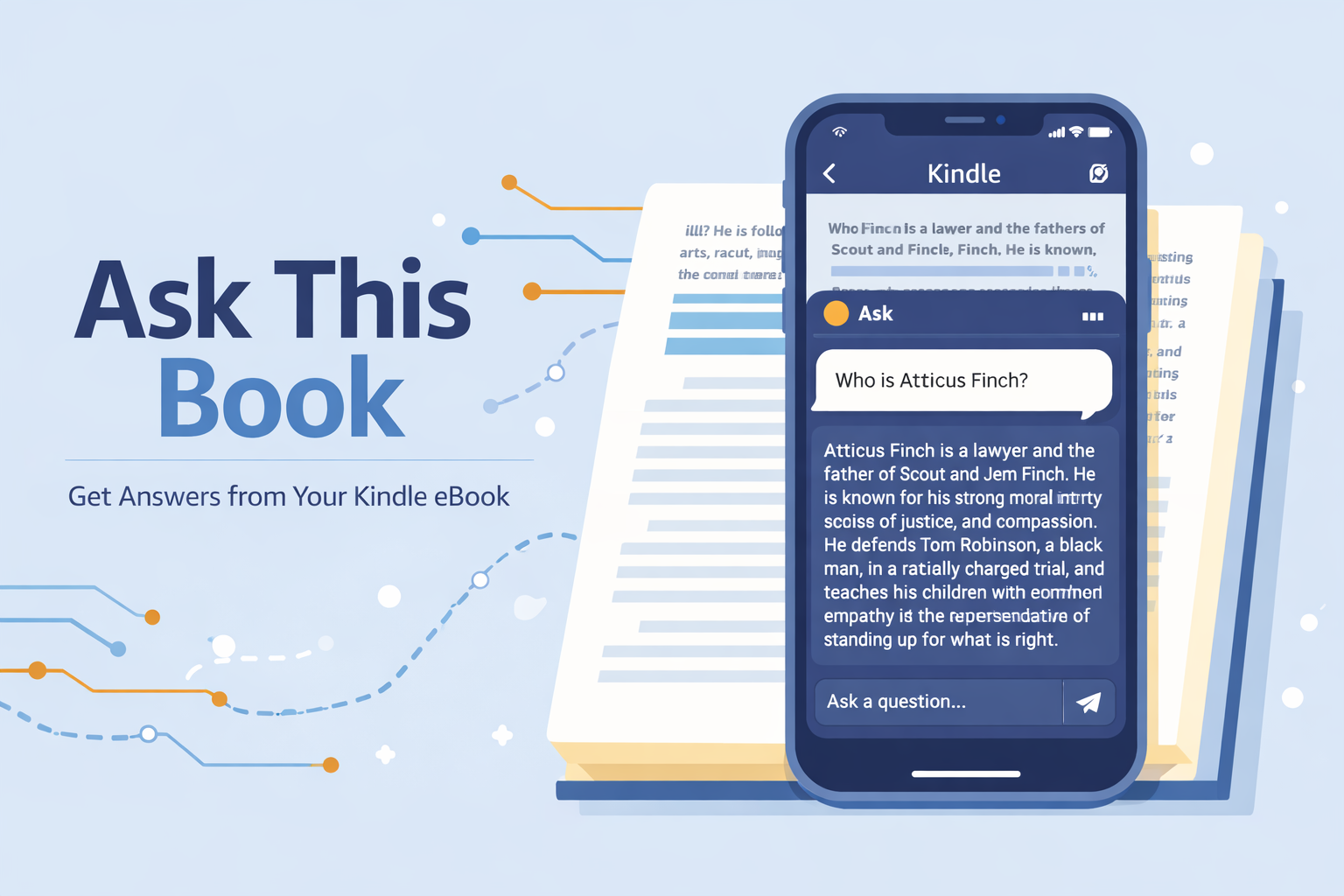 Amazon Kindle app displaying the Ask This Book AI feature interface on iPhone screen