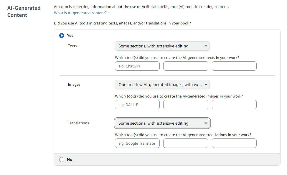 Required fields for books written with AI